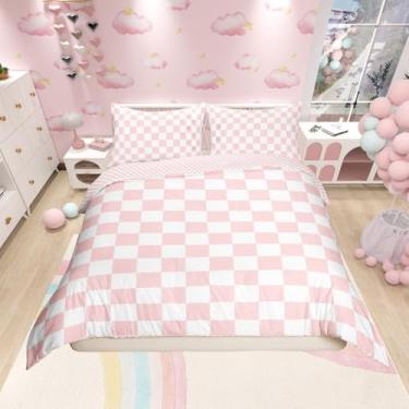 Imagem de Manfei Conjunto de capa de edredom quadriculada rosa branca tamanho casal, jogo de cama quadriculado geométrico reversível, 3 peças, decoração de quarto de princesa, capa de colcha quadriculada de