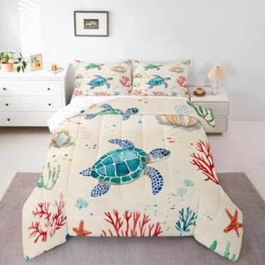 Imagem de Erosebridal Jogo de cama solteiro com desenho de tartaruga marinha, vida oceânica, tartaruga, quarto de adolescentes e adultos, edredom subaquático com estampa de animais marinhos