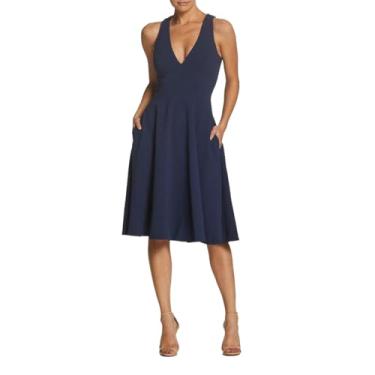 Imagem de Dress the Population Vestido feminino Catalina liso sem mangas justo e flare midi, Azul-escuro, P