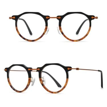 Imagem de VFDHN Armação de óculos de acetato de titânio feminino vintage retrô redondo masculino (preto laranja C7)