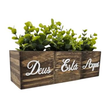 Imagem de Trio de Vasinhos Decorativos de Madeira - Frase Acrílico Espelhado Deus Está Aqui Prata - Decoração e Enfeite de Salas de Estar e Escritórios (Prateado)