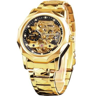 Imagem de FORSINING Relógio masculino luxuoso de turbilhão de esqueleto oco dourado e preto, Dodecágono, escala de diamante, relógios mecânicos automáticos, pulseira de aço inoxidável de losango, segundos
