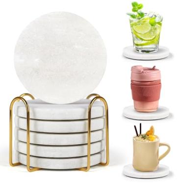 Imagem de Conjunto de 6 porta-copos de mármore branco com suporte - Porta-copos de pedra de mármore natural com pés de silicone protetores, 10 cm de diâmetro, 1 cm de espessura - Porta-copos resistentes ao
