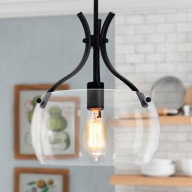 Imagem de NZZDYI Luzes pendentes de vidro preto moderno para ilha de cozinha 29 cm Industrial Farmhouse luminária pendente redonda com sombra de vidro transparente sala de jantar quarto corredor pia