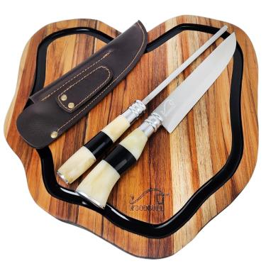 Imagem de Kit Churrasco Origens Black and White, com Tábua de Corte Origens Black, Faca e Chaira para Churrasco em Inox com Cabo de Osso e Chifre 8" com Bainha, Ideal para Churrasqueiros – WOODBULL.