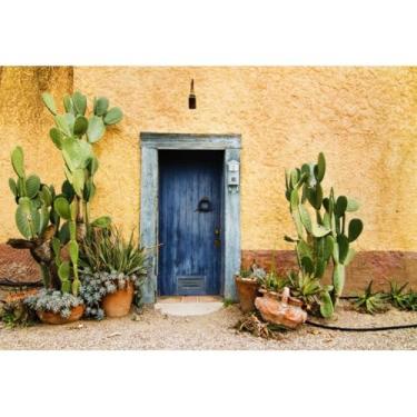 Imagem de Yeele Pano de fundo tropical retrô de 2,4 x 1,8 m para fotografia vintage porta azul cacto tequila plantas de tequila parede amarela fundo tema mexicano para férias viagens de cowboys ocidentais