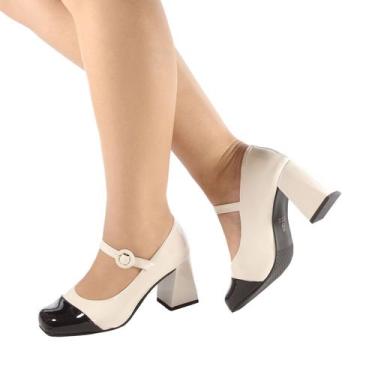 Imagem de Sapato Feminino Social Boneca Retrô Salto Bloco Grosso Bico Quadrado C
