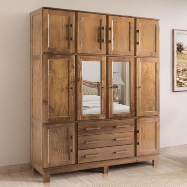 Imagem de Guarda-Roupa Casal Novak 10 Portas 3 Gavetas com Espelho Madeira Maciça Castanho - Pnr Móveis