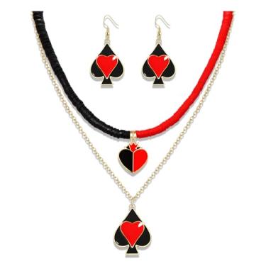 Imagem de VOGUEKNOCK Conjunto de brincos de colar de Halloween para mulheres gótico coroa rainha coração gargantilha colar cartão de pôquer pingente brinco fantasia de Halloween joias presentes, One Size, Metal
