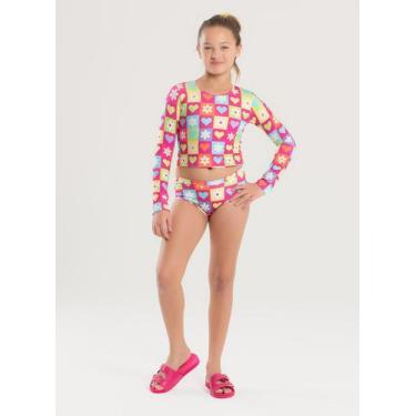 Imagem de Conjunto Biquíni Infantil Menina Pink Cropped Manga Longa e Calcinha J