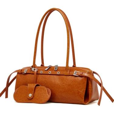 Imagem de Bolsa de ombro de couro genuíno para mulheres, bolsa de couro bovino vintage com alça superior com estojo para óculos, Marrom, Medium, Bolsa de ombro baguete vintage