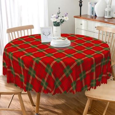 Imagem de SIEDYCV Toalha de mesa redonda xadrez de Natal de 152 cm, tecido quadriculado, vermelho, verde, poliéster, impermeável, reutilizável, capa de mesa circular para decoração de ano novo, festa de Natal