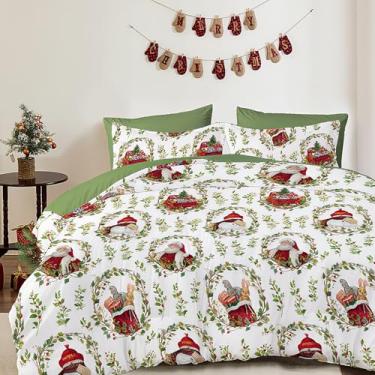 Imagem de Conjunto de capa de edredom de Natal, tamanho Queen, lindo conjunto de cama verde com Papai Noel, 3 peças reversíveis guirlanda de doces com zíper para outono e inverno