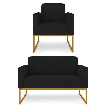 Imagem de Kit Namoradeira e 1 Poltrona Decorativa Base Industrial Dourada Maressa A79 Linho Preto - Ibiza