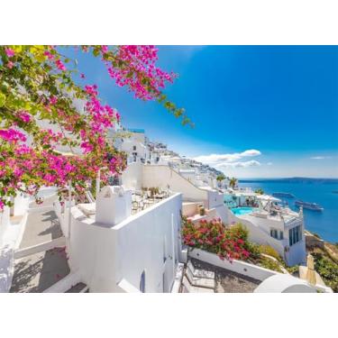 Imagem de Fmarui Pano de fundo da ilha de Santorini de 1,5 x 0,9 m, arquitetura branca e fundo do mar azul para decoração de festa Mamma Mia, aniversário grego e adereços para fotos de crianças