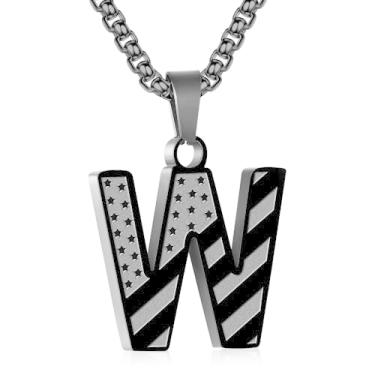 Imagem de Zocomi Colar com pingente de inicial da bandeira americana para homens e meninos, corrente de aço inoxidável 316L A-Z caixa de letras 50 + 5 cm joias presentes, Aço inoxidável, Sem Pedra Preciosa