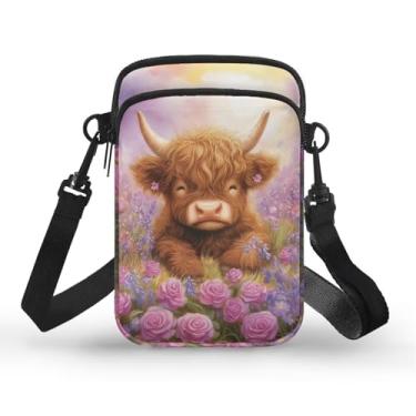Imagem de Xpyiqun Bolsa transversal para celular feminina de lona pequena tiracolo bolsa transversal, Highland Cow Pink Rose, One Size