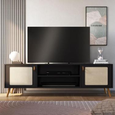 Imagem de Rack Viena Com Pés De Madeira Tela Natural e Couro 180cm - Merk Moveis