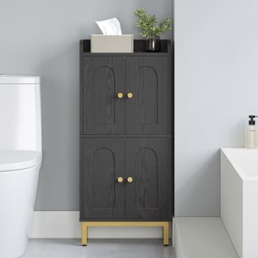 Imagem de Hzuaneri Armário de banheiro, pequeno armário de armazenamento com 4 portas, organizadores de banheiro e armários de armazenamento com pés ajustáveis. Armários independentes para sala de estar