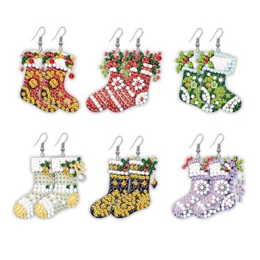 Imagem de NDNXYXGS 6 pares de brincos de pintura de diamante, kit de brincos de arte de diamante DIY para adultos, enfeites fofos DIY para aniversários, Natal, Ação de Graças. (6 meias)