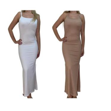 Imagem de KIT C/2 Vestidos Longo Canelado com Fenda - Emporio J, Branco, Areia, 