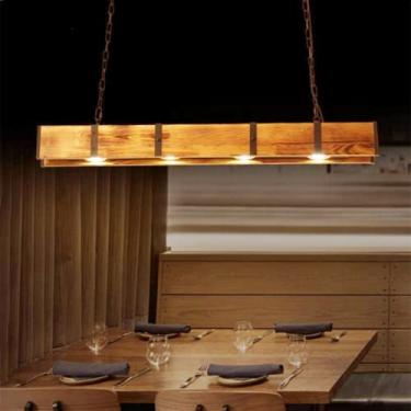 Imagem de Luminária pendente rústica de madeira com altura ajustável, lustre vintage para mesa de jantar, escritório, bar, loft industrial, luminária suspensa retrô com design criativo