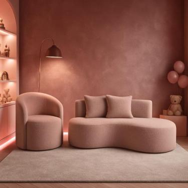Imagem de Conjunto 01 Poltrona + Sofá Curvo Orgânico Nature Gaia Boucle Rosê - M