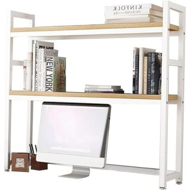 Imagem de QYZUJIKL Estante de escritório para mesa de computador, prateleira de mesa ajustável, suporte organizador de mesa de madeira e metal