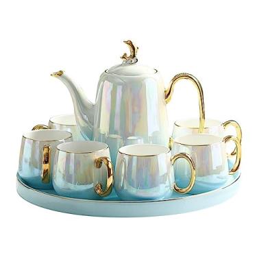 Imagem de AKALNNB Conjunto de chá com bule de chá e colheres, serviço de conjunto de copos de cerâmica para 6, bandeja giratória, chá da tarde