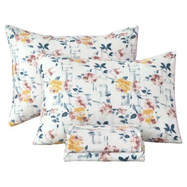 Imagem de URBONUR Jogo de lençol Queen floral 100% algodão, 4 peças, flores de jardim roxas e amarelas impressas em lençóis brancos com bolso profundo, conjunto de roupa de cama de cetim macio e sedoso