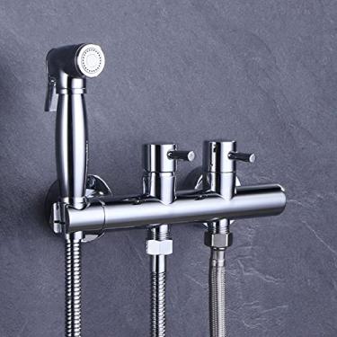 Imagem de MINJING Kit de pulverizador de torneira de fixação de bidê montado na parede para vaso sanitário kit de pulverizador de bidê de alça dupla quente e fria para vaso sanitário bifuncional acessório de