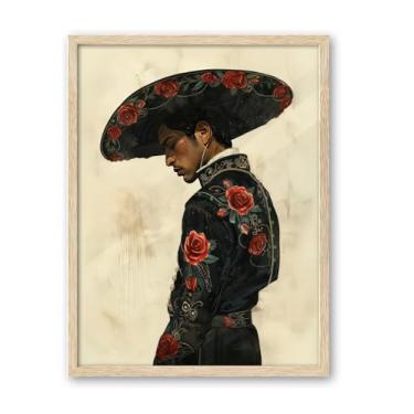 Imagem de iHery Arte de parede emoldurada mexicana de madeira de carvalho natural, grande 40,6 x 50,8 cm, arte de parede em tela moderna Mariachi do sudoeste, rústico homem do México, decoração de quarto