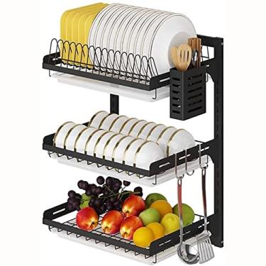 Imagem de Escorredor de pratos de cozinha organizador de pratos de secagem prateleira de armazenamento de tinta multicamadas com bandeja de plástico push-pull ideal para tigela ou tábua de cortar