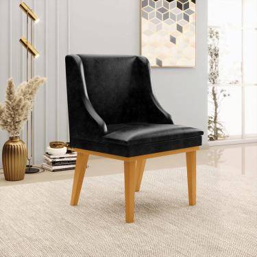 Imagem de Cadeira Decorativa Sala de Jantar Base Fixa de Madeira Firenze PU Preto Brilho/Castanho G19 - Gran Belo