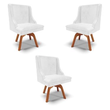Imagem de Kit 3 Cadeiras Decorativas Sala de Jantar Base Giratória de Madeira Firenze PU Branco Brilho/Natural G19 - Gran Belo