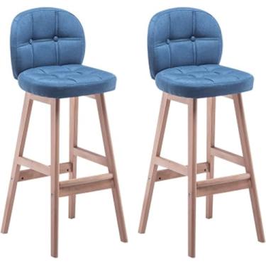 Imagem de Conjunto De 2 Banquetas, Banqueta De Bar Estofada Com Pernas De Madeira, Banquetas De Café Da Manhã Estofadas Com Encosto Alto, Altura 65/75cm, Blue, High:65CM