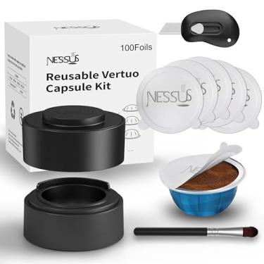 Imagem de Nessus Kit reutilizável para cápsulas Nespresso Vertuo, reutilize cápsulas de café antigas para Nespresso Vertuo: 100 peças de tampa de vedação de folha de alumínio, suporte, escova, máquina de