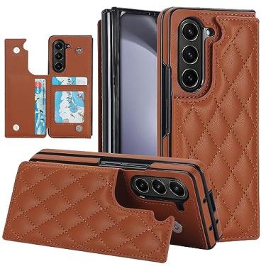 Imagem de Capa carteira para Samsung Galaxy Z Fold 5 com suporte para cartão, capa flip de couro com suporte, fecho magnético, capa de telefone resistente à prova de choque (marrom)