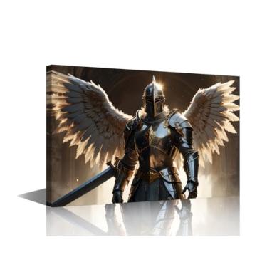 Imagem de Arte de parede em tela de um cavaleiro angélico segurando uma espada imagens para sala de estar 1 peça banhada em luz divina radiante decoração de casa emoldurada pronta para pendurar pôsteres e
