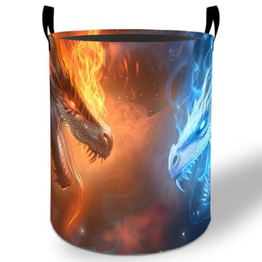 Imagem de Cesto de lavanderia Dragon 50 cm x 40 cm, fantasia de fogo e gelo, dobrável, à prova d'água, balde de armazenamento de roupas Oxford para quarto, banheiro, quarto de bebê, organizador de brinquedos