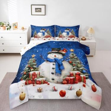 Imagem de Feelyou Conjunto de edredom infantil com boneco de neve azul, árvore de Natal, cardeal, animal, para meninos, meninas, adolescentes, flocos de neve, inverno, férias, edredom para decoração de quarto