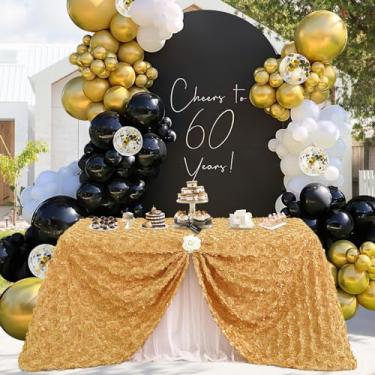 Imagem de Fanqisi Toalha de mesa retangular de cetim floral 3D, 224 x 332 cm, roseta dourada, para festa de casamento, chá de bebê, decoração de mesa de jantar