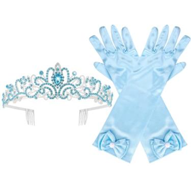 Imagem de Brimekichio Tiara e luvas para meninas, crianças, coroa de princesa e luvas longas de cetim para meninas, acessórios de princesa de Halloween para crianças, azul