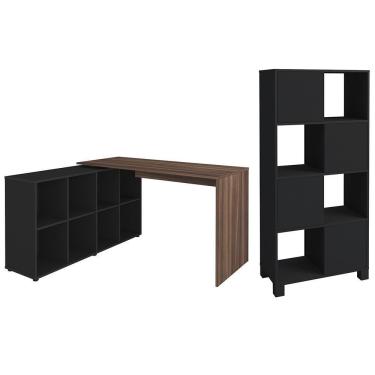 Imagem de Mesa Escrivaninha Em L Eron E Estante Livreiro Maly A06 Ipê/preto - Mpozenato