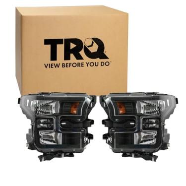 Imagem de TRQ Conjunto de conjunto de 2 peças de farol halógeno, moldura preta, motorista e lado do passageiro, compatível com Ford F-150 FO2502335 FO2503335 2015-2017