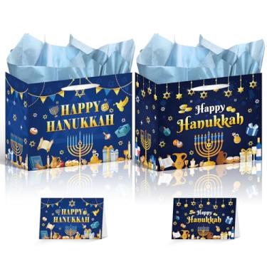 Imagem de Falueqg Bolsas para lembrancinhas de festa de Hanukkah – 2 peças de Hanukkah Menorah Goodie Candy Treat Sacos de papel de embrulho com papel de seda Hanuka Artigos de festa tema judaico para Chanucá