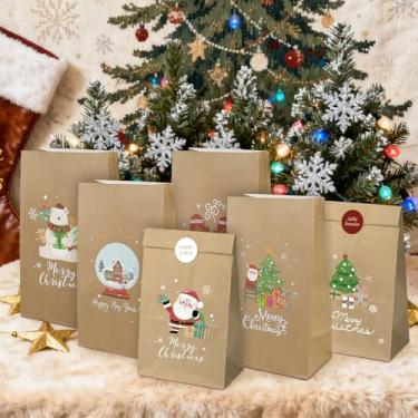 Imagem de 12 unidades de sacos kraft de Natal, 21 x 12 cm × 12 cm, lindos sacos de papel marrom com adesivos para uso em festas de Natal, sacos de biscoitos e decorações de férias (marrom)