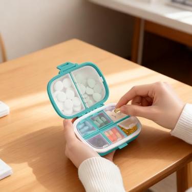 Imagem de Organizador de comprimidos de viagem, portátil, à prova d'água, com 8 compartimentos, estojo compacto para suplementos vitamínicos, cápsulas e armazenamento diário de comprimidos (azul trigo)