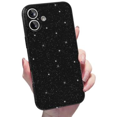 Imagem de Finyosee Capa brilhante para iPhone 16, linda capa de silicone brilhante, brilhante, fina, fina, brilhante, capa protetora de borracha gel de TPU macio para mulheres e meninas de 6,1 polegadas - preta