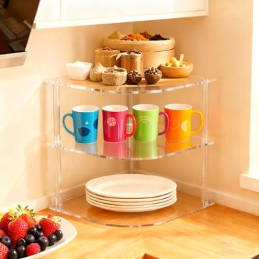 Imagem de yaenoei Organizador de pratos para armário com economia de espaço, organizador de balcão de cozinha de acrílico transparente, prateleira de canto de 3 camadas, suporte de pratos de jantar e prateleira